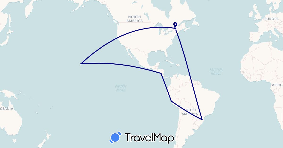 TravelMap itinerary: driving in Brazil, Canada, Ecuador, Nicaragua, Peru, United States (North America, South America)